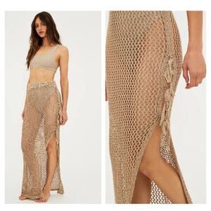 BEACH RIOT - Debra Crochet Net Maxi Skirt XS Tan Coastal Swim Cover Festival NWT